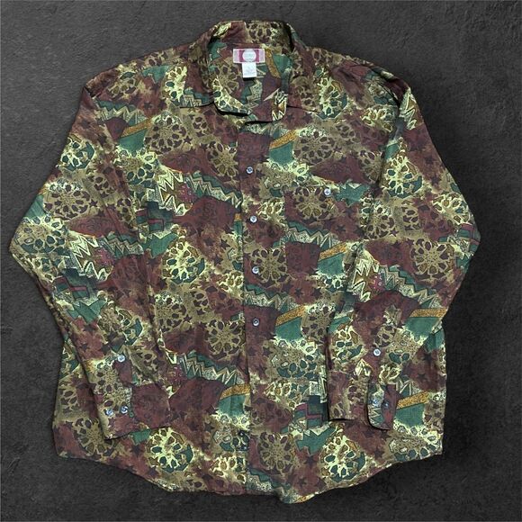 Chiamare Vintage Abstract Geometric Multicolor Silk Button Down Shirt Men's L - Picture 1 of 9